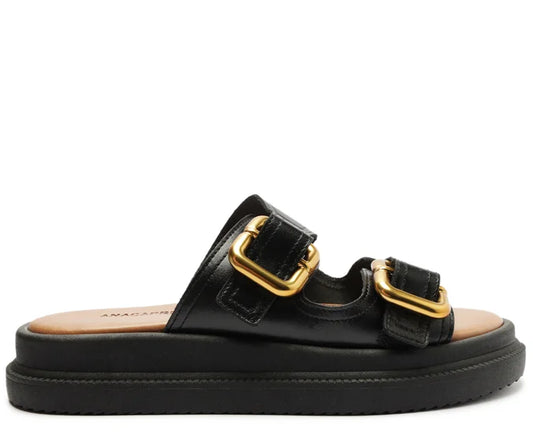 Black Leather Platform Sandal with Straps and Buckle