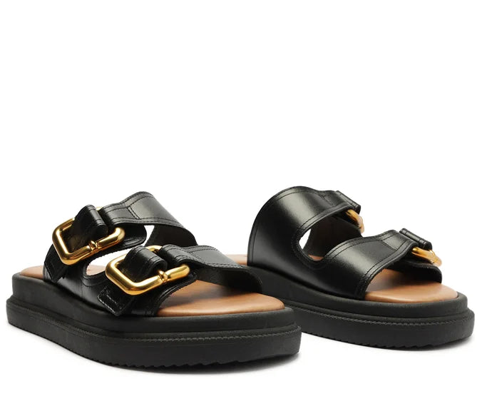 Black Leather Platform Sandal with Straps and Buckle