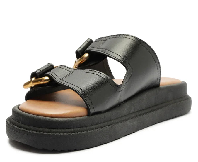 Black Leather Platform Sandal with Straps and Buckle