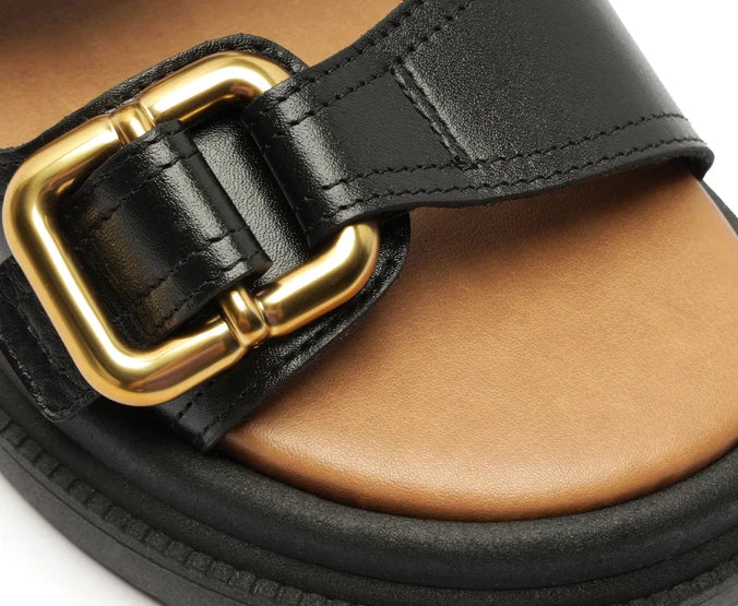 Black Leather Platform Sandal with Straps and Buckle