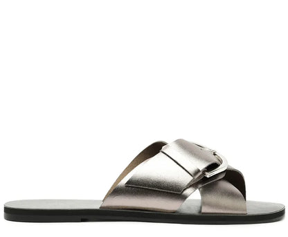 Flat Sandals with Crossed Straps and Silver Leather Buckle