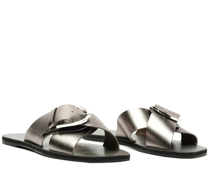 Flat Sandals with Crossed Straps and Silver Leather Buckle