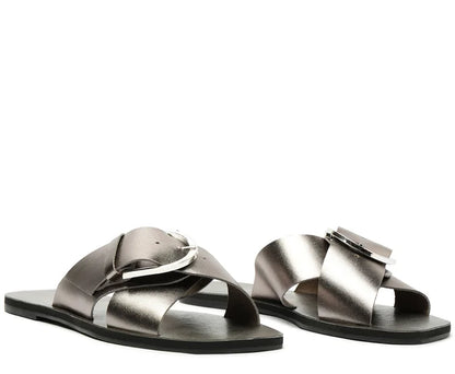 Flat Sandals with Crossed Straps and Silver Leather Buckle