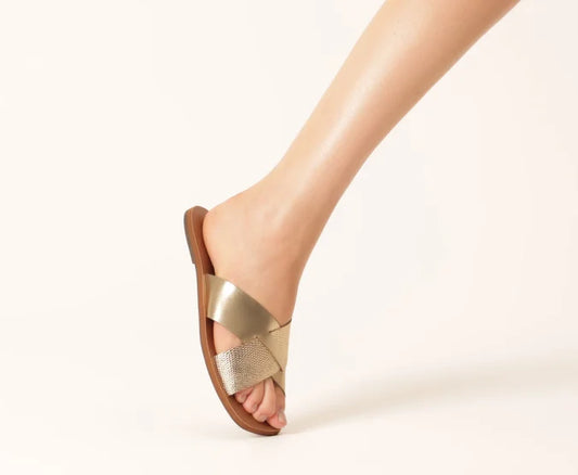 Flat Sandals with Crossed Straps, Metal, Leather, Gold