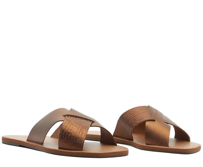 Anacapri Leather Crossed Straps Bronze Slides