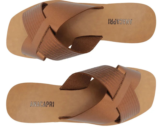 Anacapri Leather Crossed Straps Bronze Slides