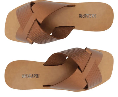 Anacapri Leather Crossed Straps Bronze Slides