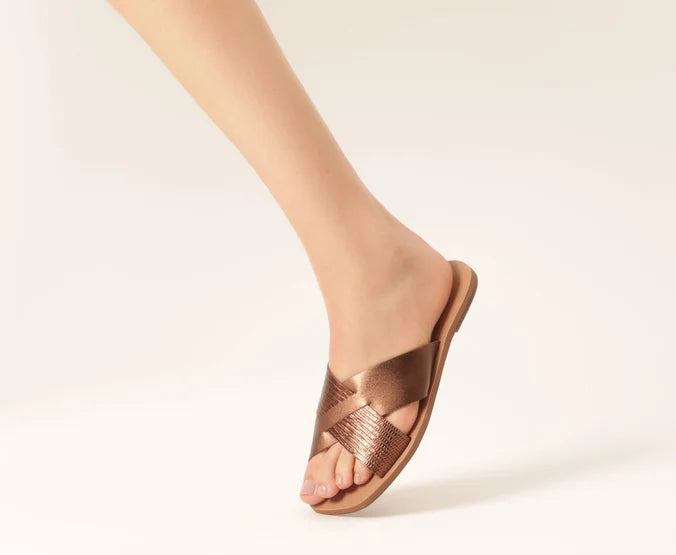 Anacapri Leather Crossed Straps Bronze Slides