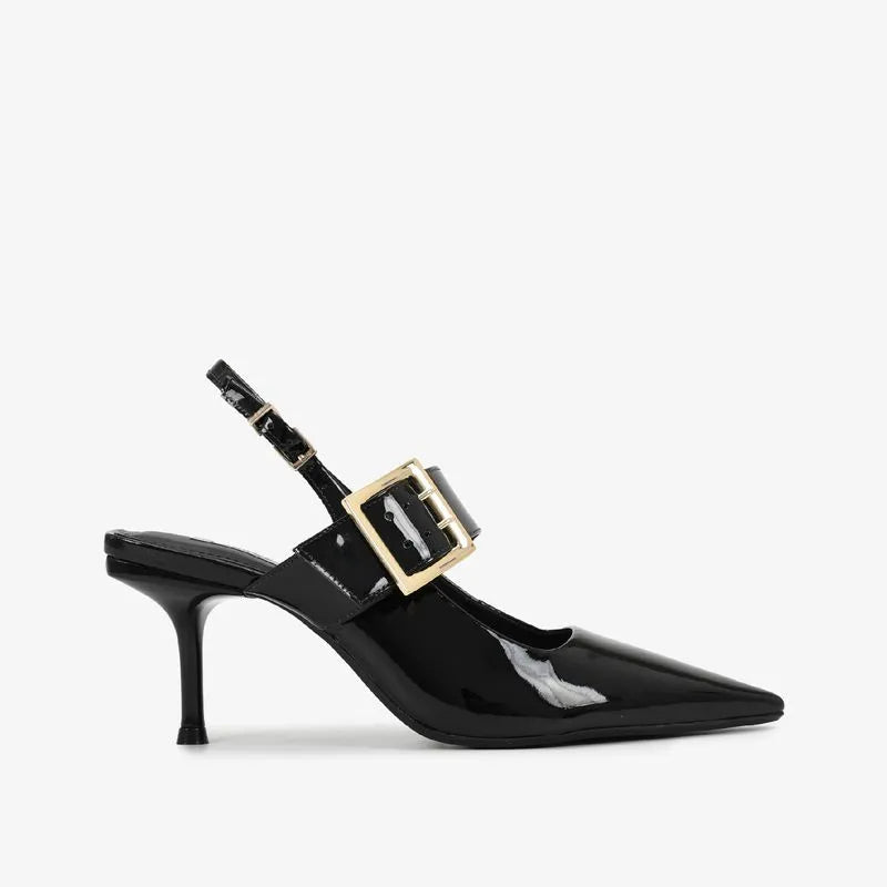 Black Slingback High Heel Shiny Leather