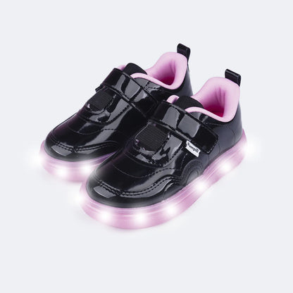 Girls' Led Sneakers, Light Heart, Black Varnish