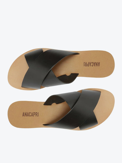 Anacapri Leather Crossed Straps Black Slides