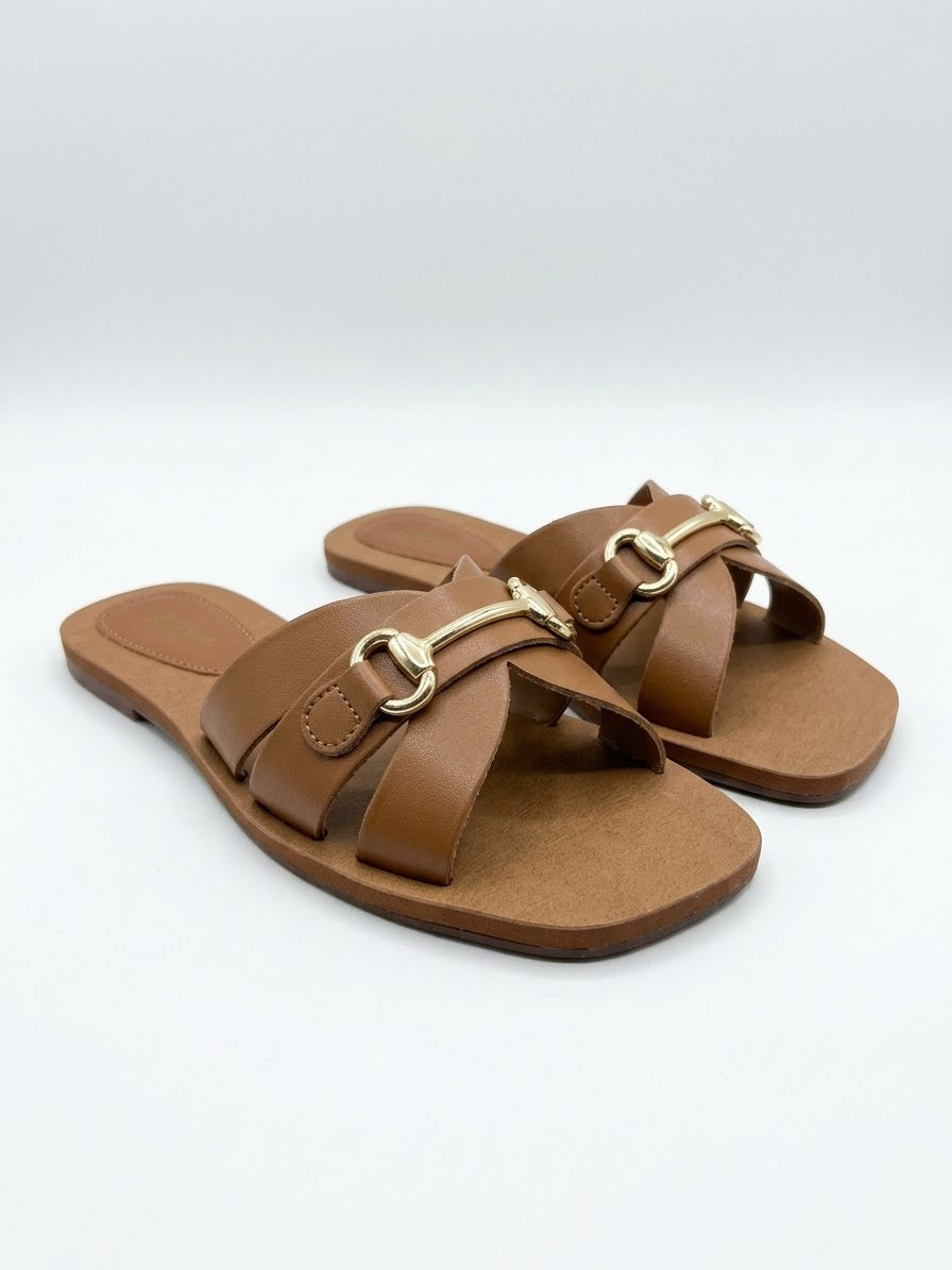 Anacapri Leather Straps With Chain Brown Slides