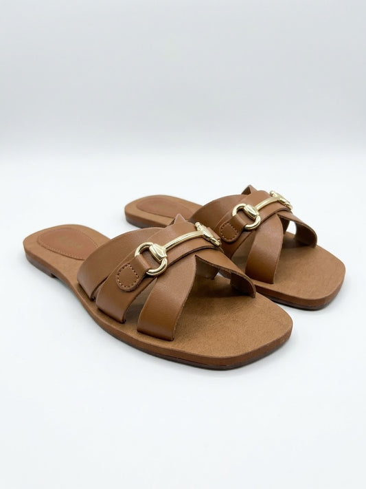 Anacapri Leather Straps With Chain Brown Slides