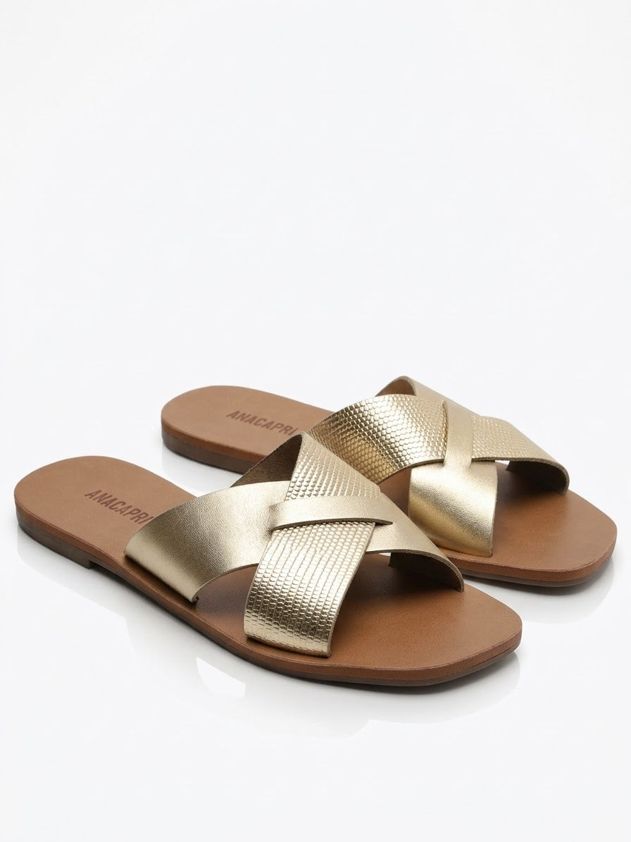 Anacapri Leather Crossed Straps Gold Slides