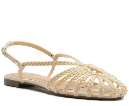Flat sandal with braided straps, white teardrop shape.