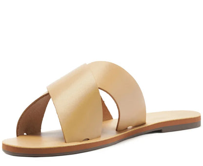 Beige Leather Flat Sandal with Crossed Straps