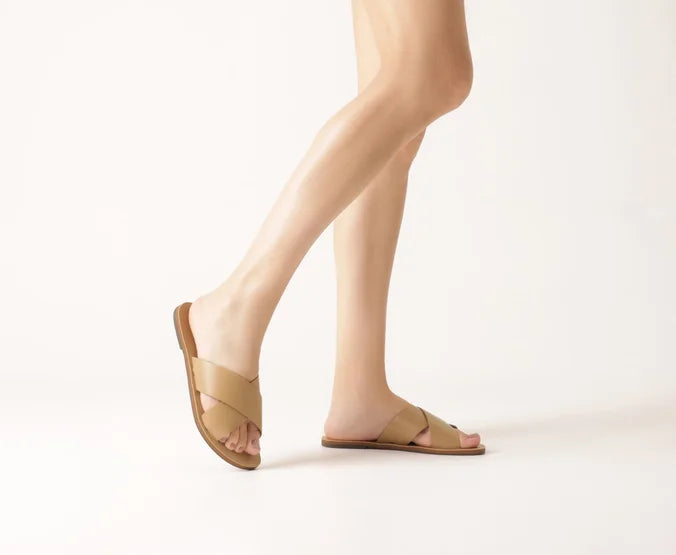 Beige Leather Flat Sandal with Crossed Straps