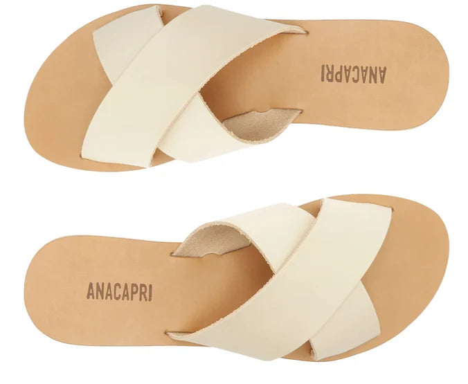 beige Leather Cross Straps Flats