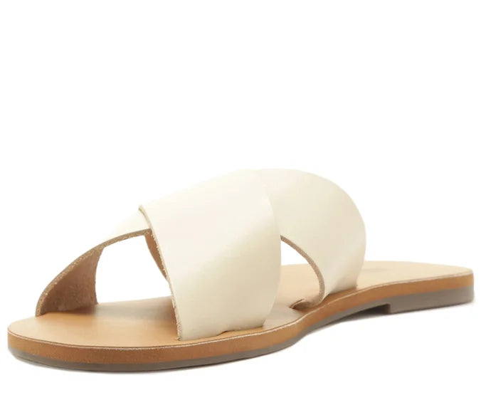 beige Leather Cross Straps Flats