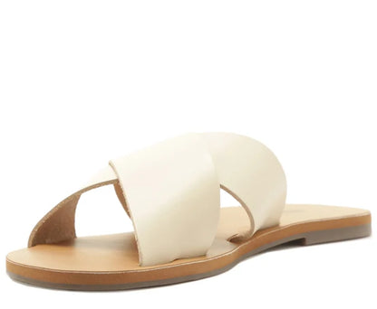 beige Leather Cross Straps Flats
