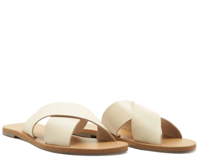beige Leather Cross Straps Flats