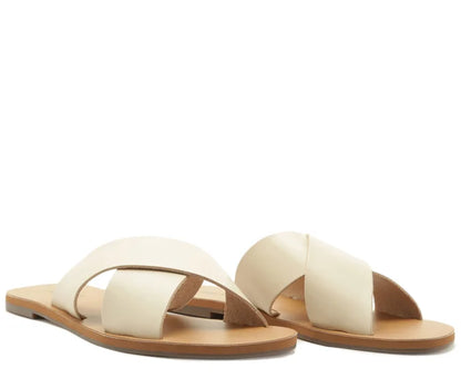 beige Leather Cross Straps Flats
