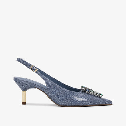 Slingback with Rhinestones, Navy Blue, Denim, Leather