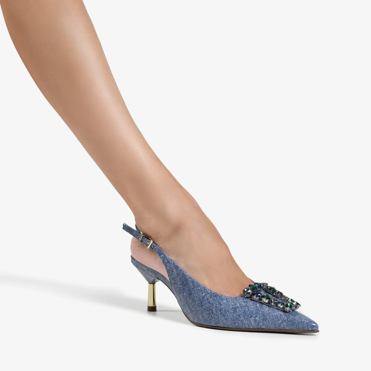 Slingback with Rhinestones, Navy Blue, Denim, Leather