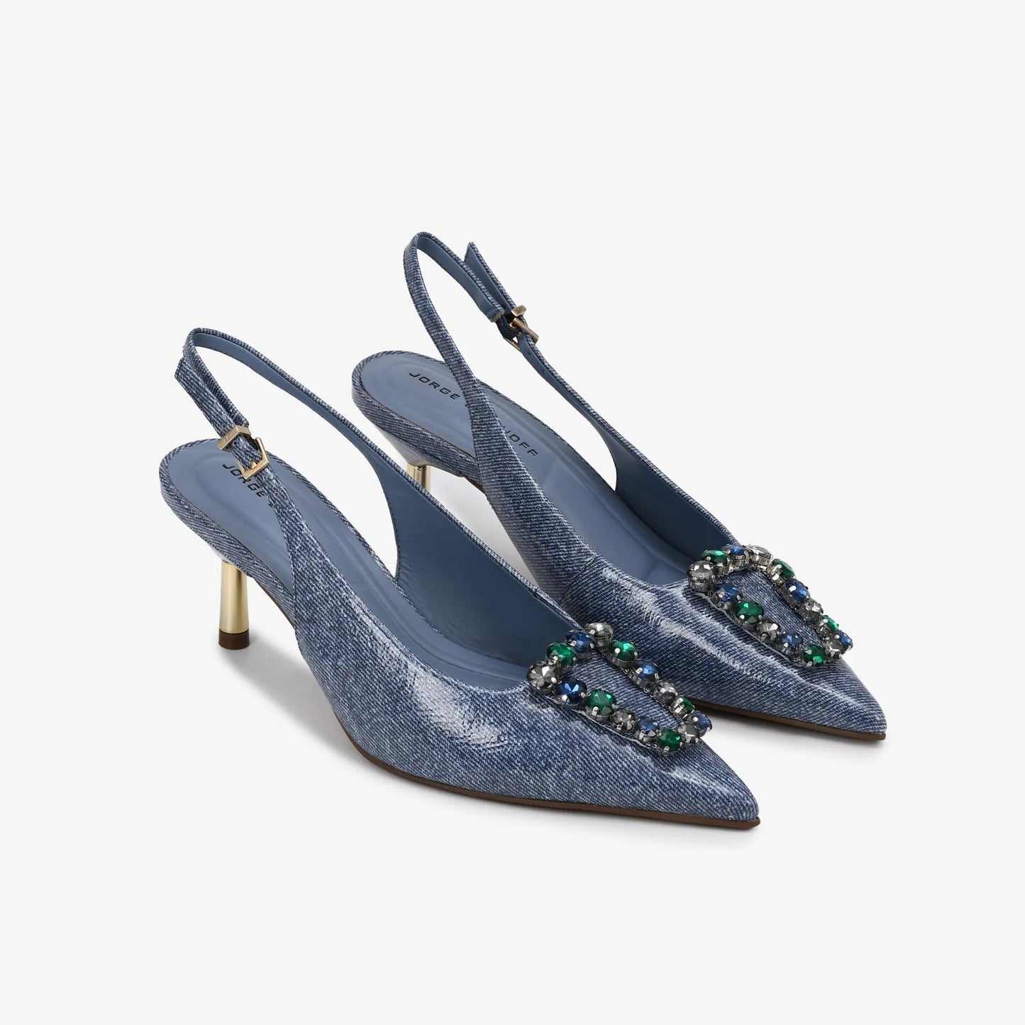 Slingback with Rhinestones, Navy Blue, Denim, Leather