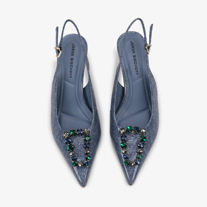 Slingback with Rhinestones, Navy Blue, Denim, Leather